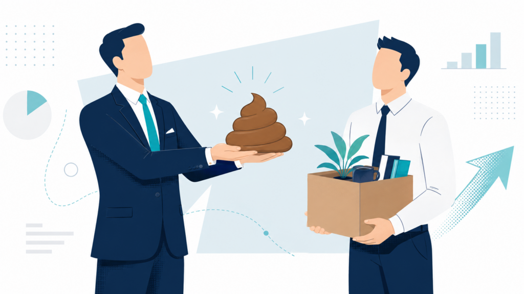 Suited executive hands a laid-off worker a literal pile of corporate bullshit.