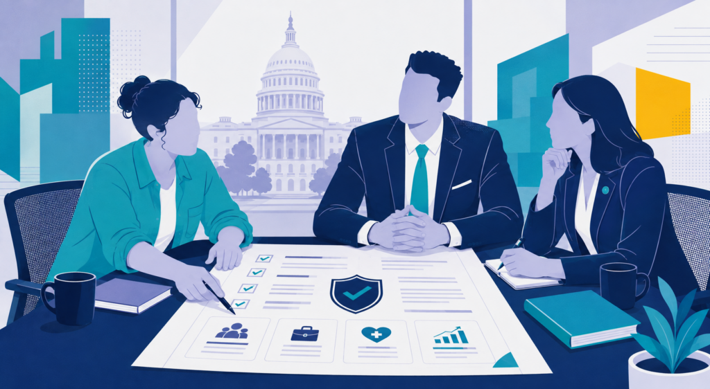 Worker reviewing proposed legislation with a lawmaker and corporate executive at a conference table, with the U.S. Capitol in the background.