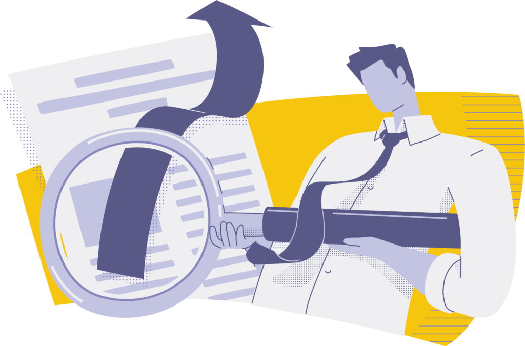 Illustration of a man using a large magnifying glass to examine a document