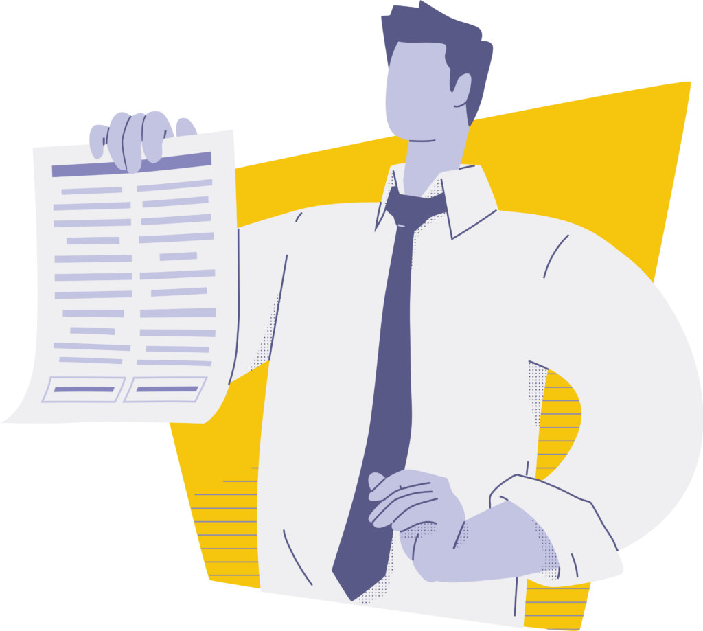 Illustration of a man in a suit holding a document with text