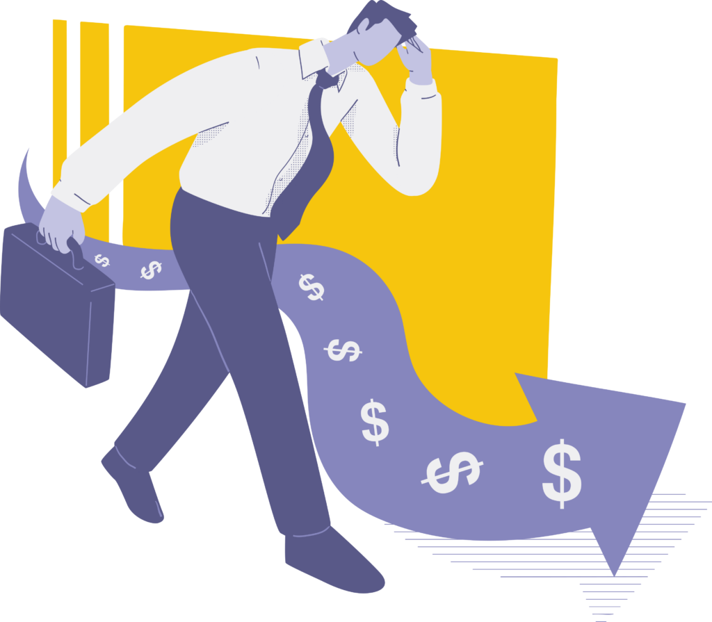 Worker with hand to head carrying a briefcase beside a stream of dollar signs